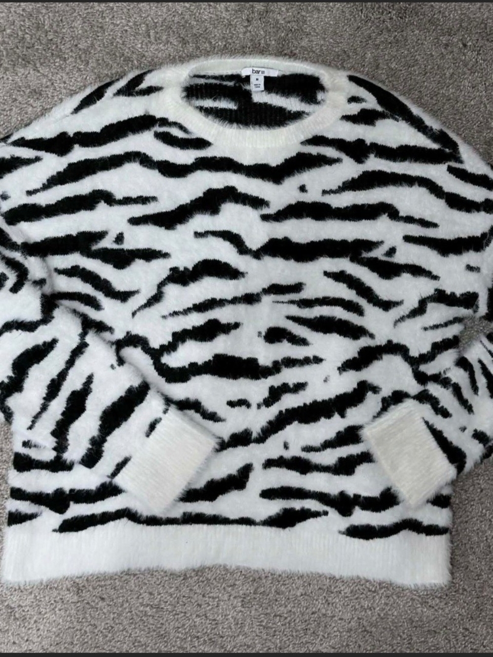 Bar III Black and White Zebra-Print Crewneck Sweater